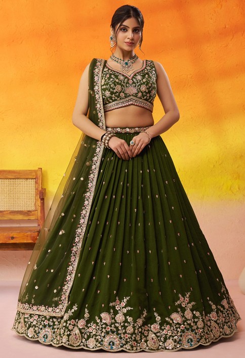 Georgette Trendy Lehenga Choli with Beads Work in Green
