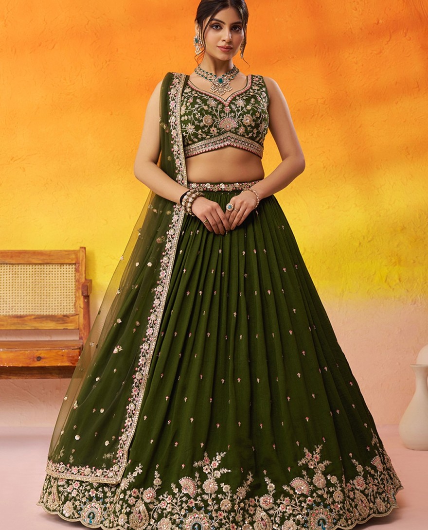 GREEN - Georgette Trendy Lehenga Choli with Beads Work in Green