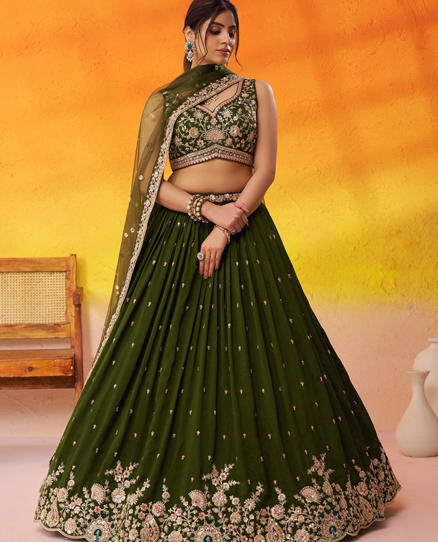 GREEN - Georgette Trendy Lehenga Choli with Beads Work in Green