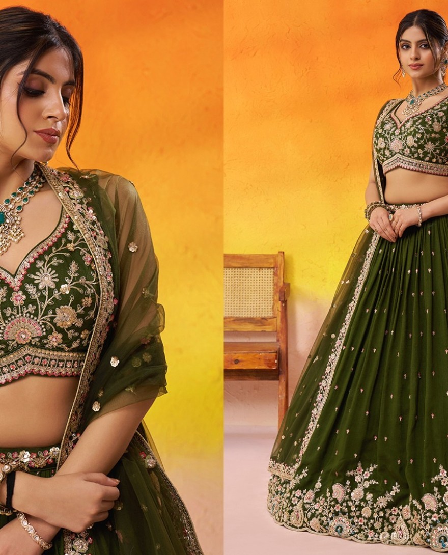 GREEN - Georgette Trendy Lehenga Choli with Beads Work in Green