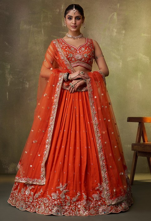 Orange Georgette Trendy Lehenga Choli with Beads Work for Festival