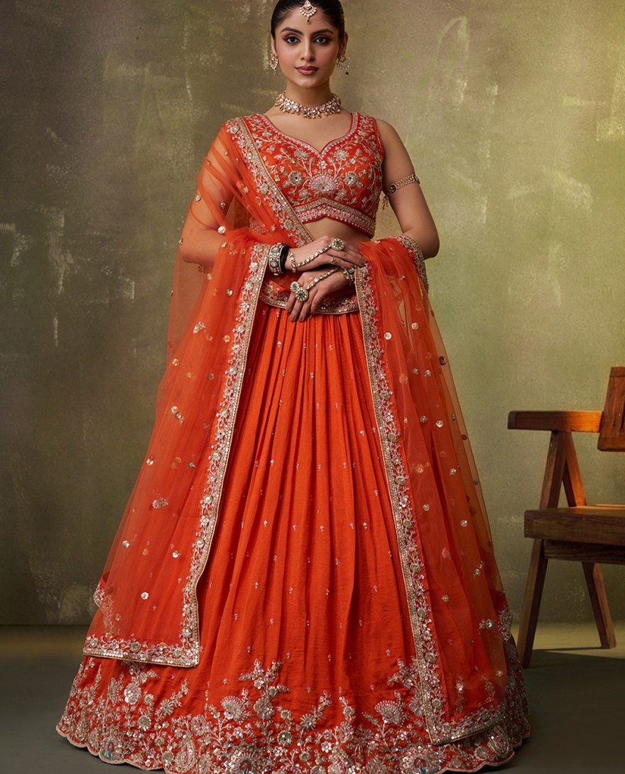 ORANGE - Orange Georgette Trendy Lehenga Choli with Beads Work for Festival