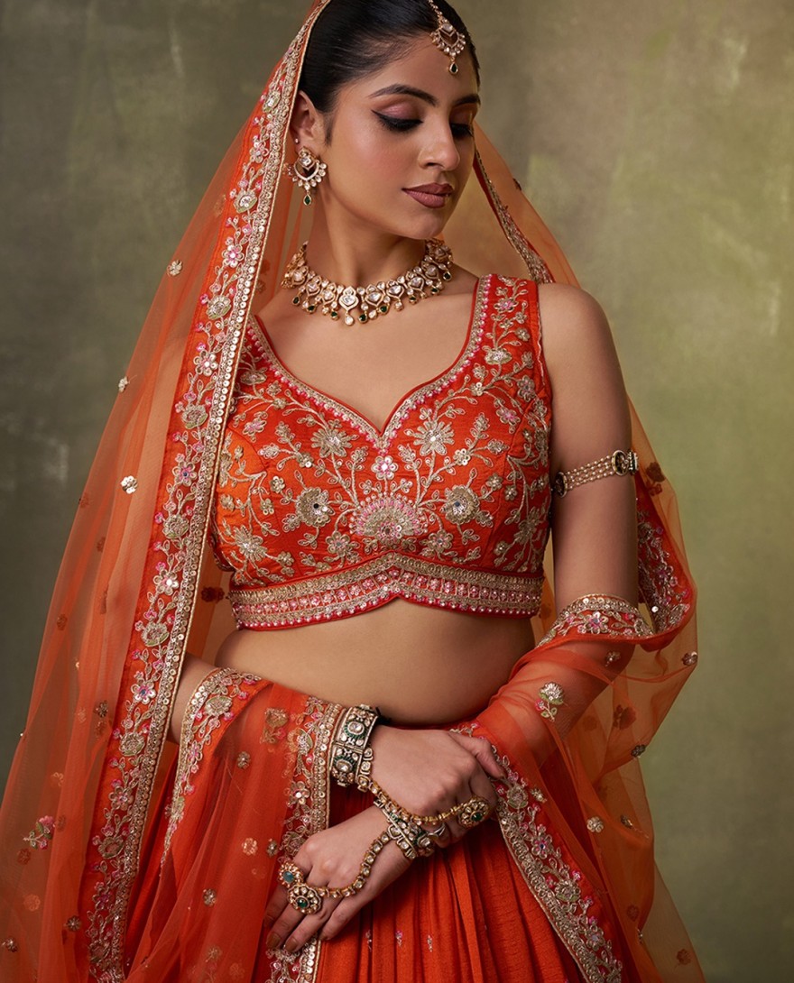 ORANGE - Orange Georgette Trendy Lehenga Choli with Beads Work for Festival