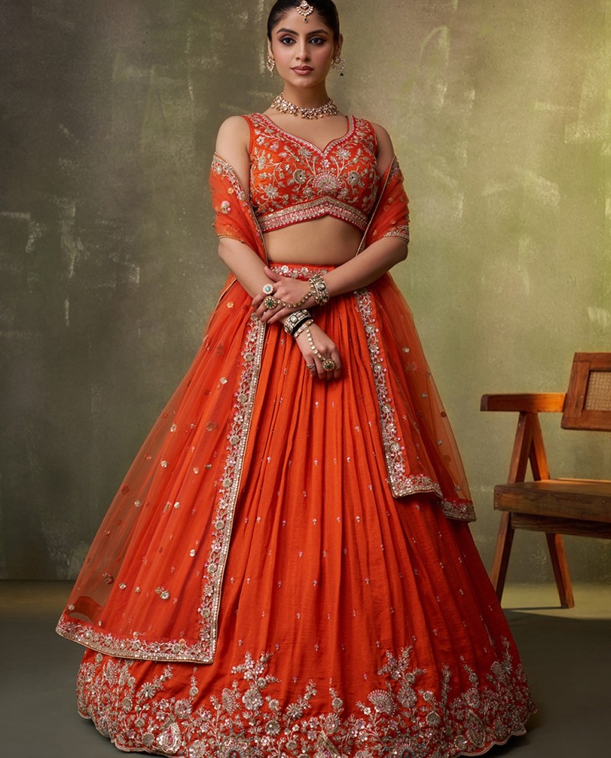 ORANGE - Orange Georgette Trendy Lehenga Choli with Beads Work for Festival