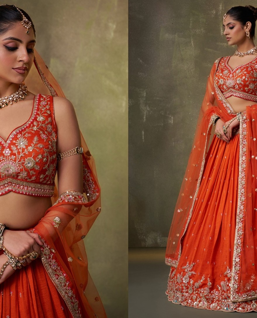 ORANGE - Orange Georgette Trendy Lehenga Choli with Beads Work for Festival