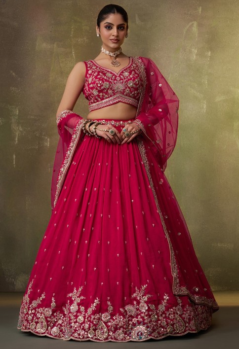 Beads Work Georgette Trendy Lehenga Choli in Rose Pink for Women