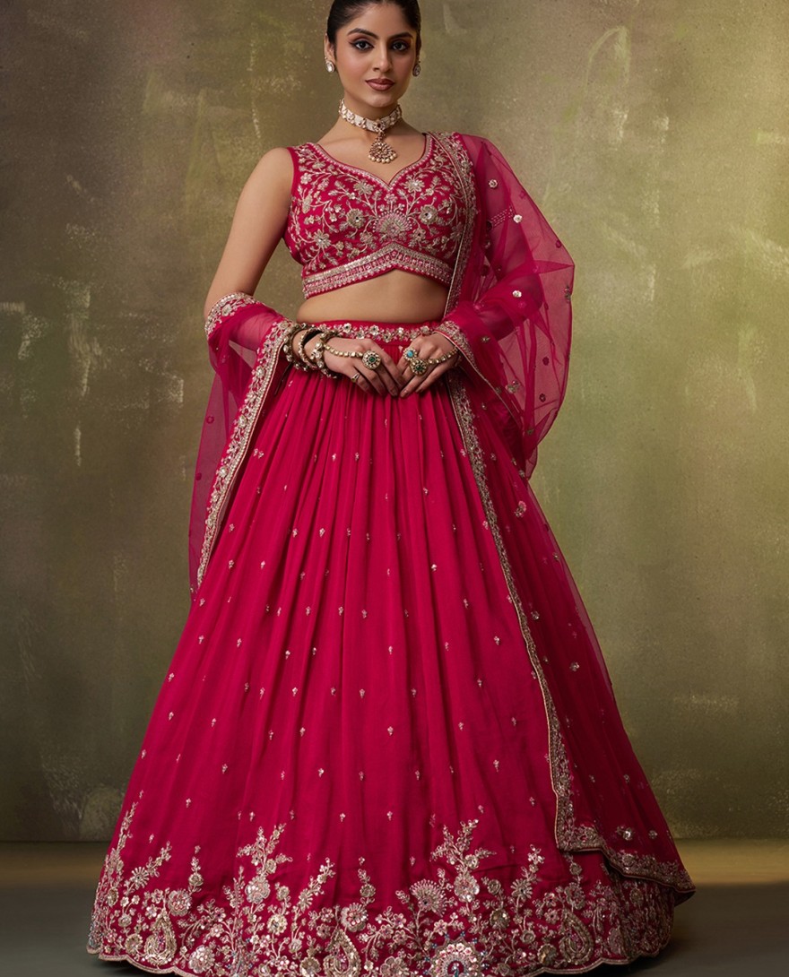 PINK - Beads Work Georgette Trendy Lehenga Choli in Rose Pink for Women