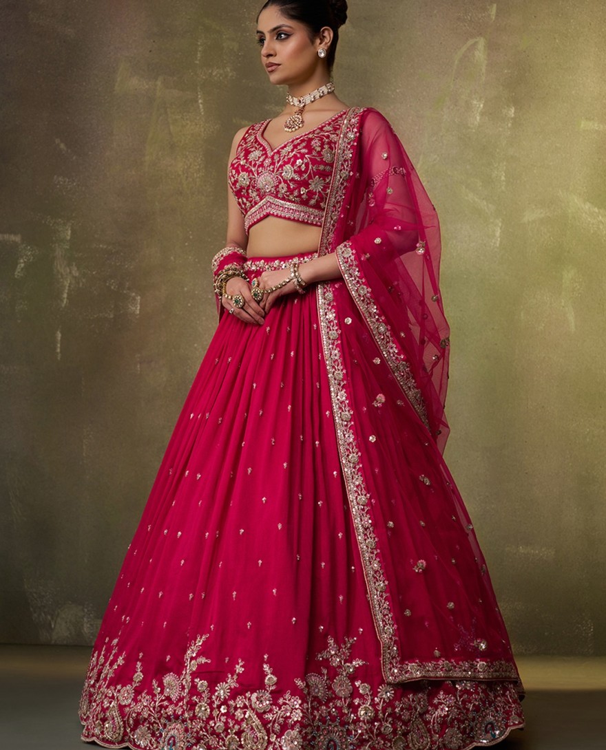 PINK - Beads Work Georgette Trendy Lehenga Choli in Rose Pink for Women