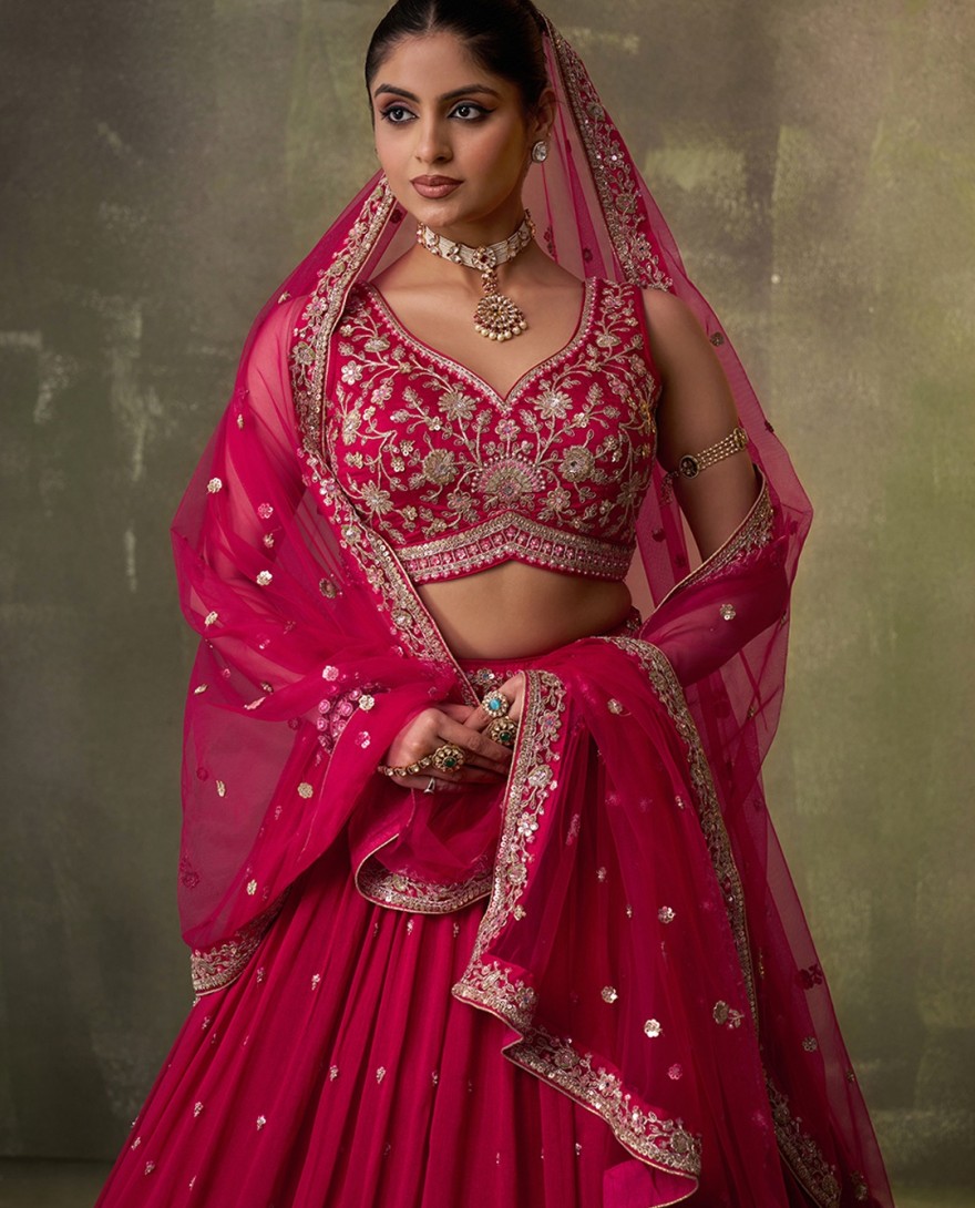 PINK - Beads Work Georgette Trendy Lehenga Choli in Rose Pink for Women