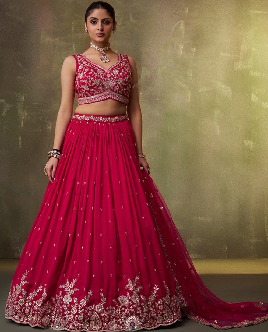 PINK - Beads Work Georgette Trendy Lehenga Choli in Rose Pink for Women