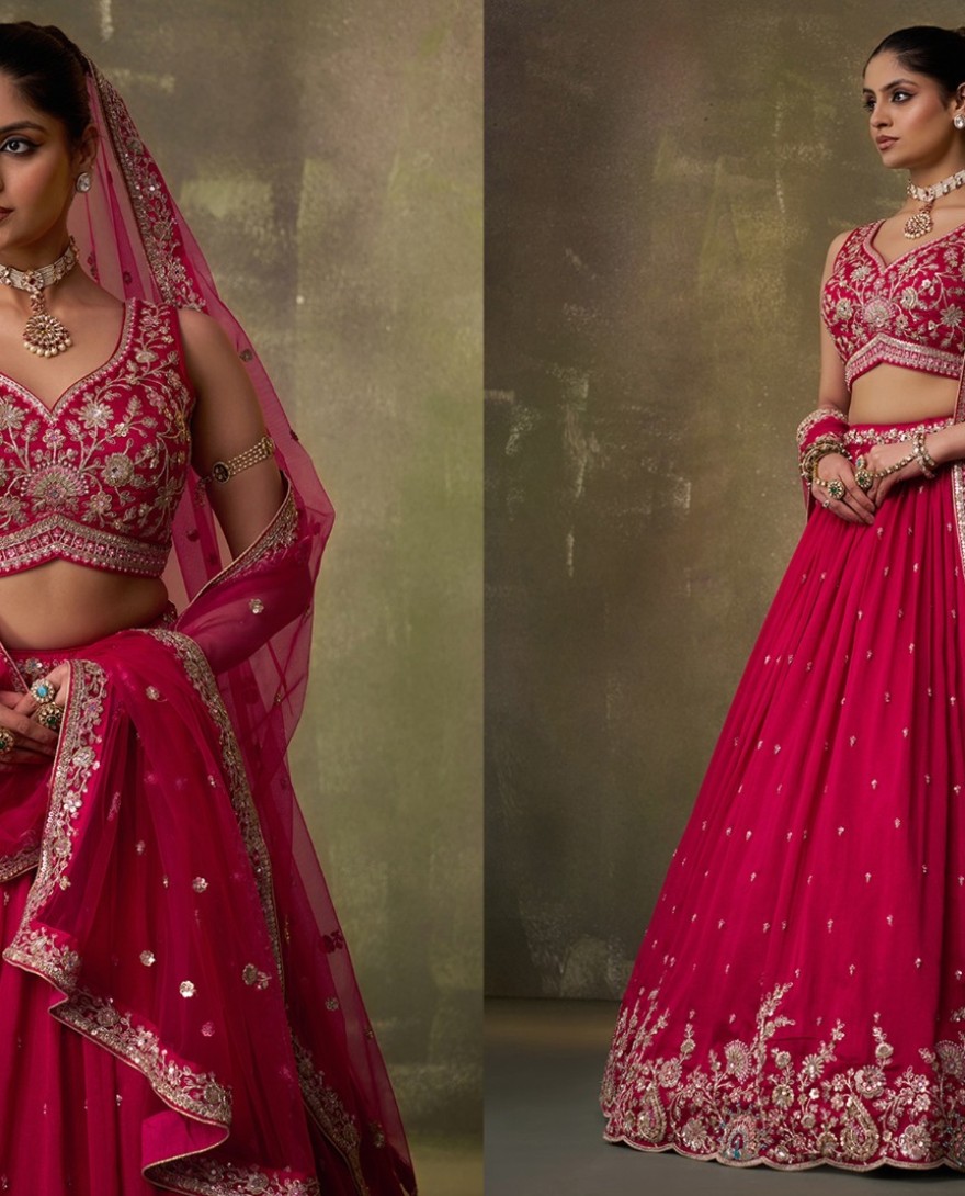 PINK - Beads Work Georgette Trendy Lehenga Choli in Rose Pink for Women