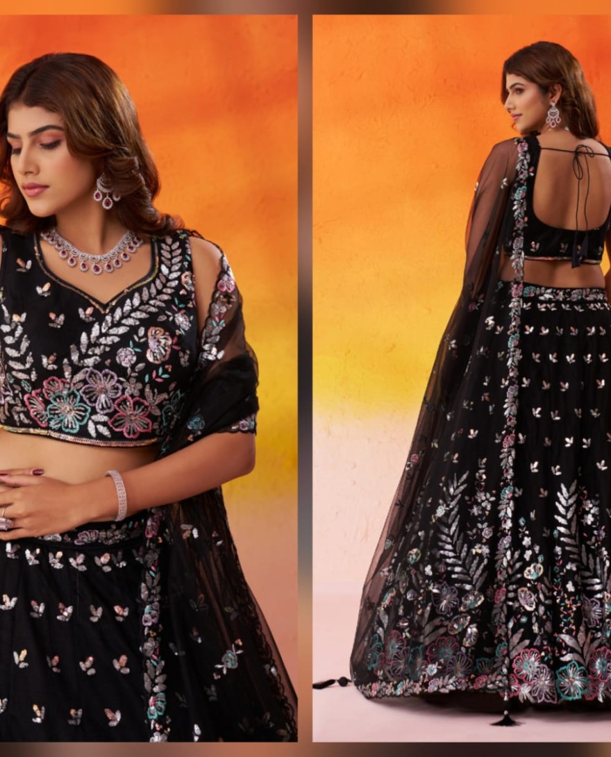 BLACK - BLACK - Net Fabric Sequins Thread & Embroidery Semi-Stitched Lehenga & Unstitched Blouse With Dupatta