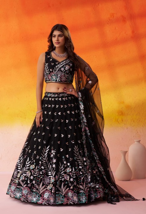 BLACK - Net Fabric Sequins Thread & Embroidery Semi-Stitched Lehenga & Unstitched Blouse With Dupatta