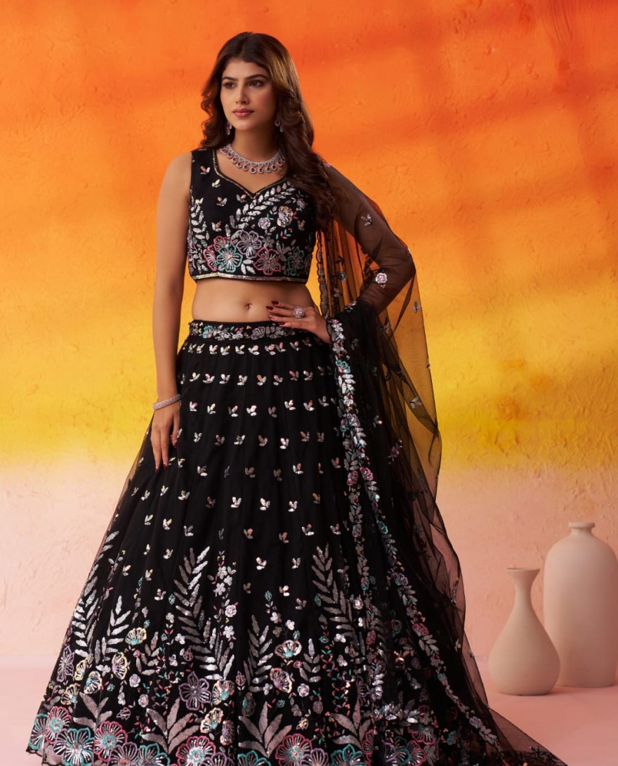 BLACK - BLACK - Net Fabric Sequins Thread & Embroidery Semi-Stitched Lehenga & Unstitched Blouse With Dupatta