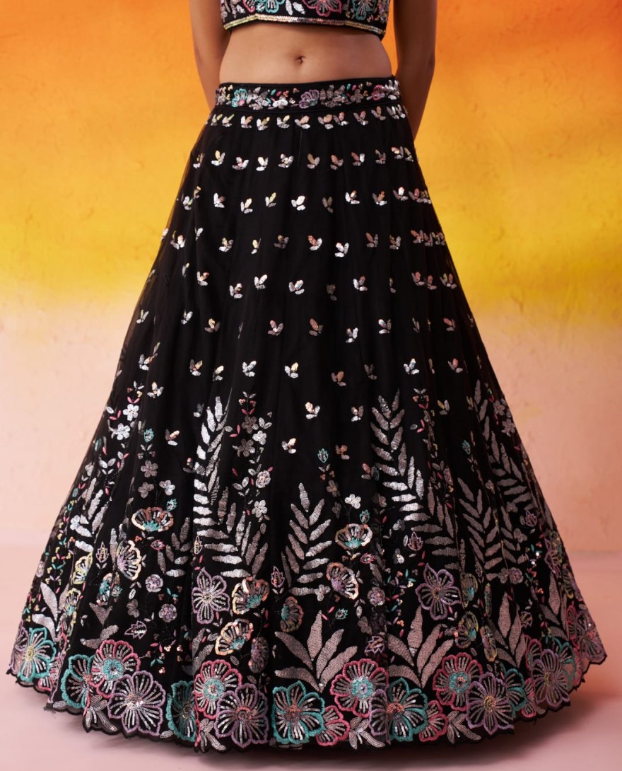 BLACK - BLACK - Net Fabric Sequins Thread & Embroidery Semi-Stitched Lehenga & Unstitched Blouse With Dupatta