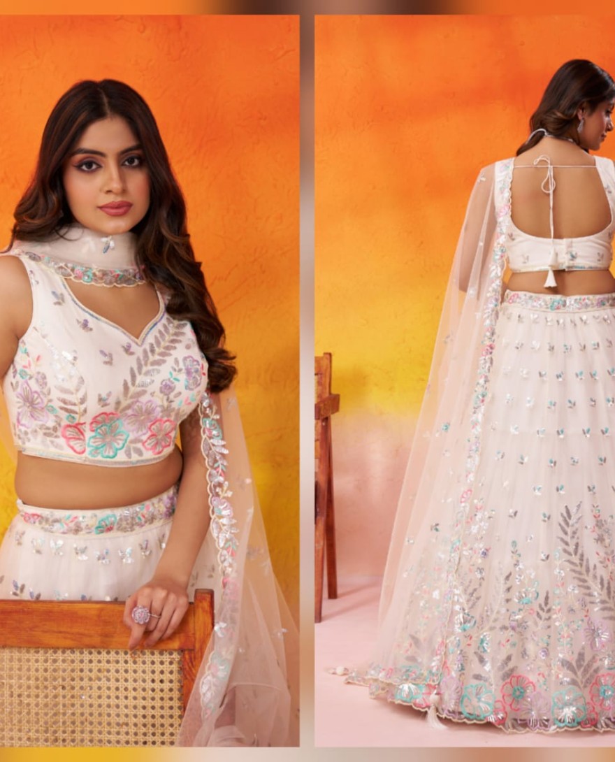 CREAM - CREAM - Net Fabric Sequins Thread & Embroidery Semi-Stitched Lehenga & Unstitched Blouse With Dupatta