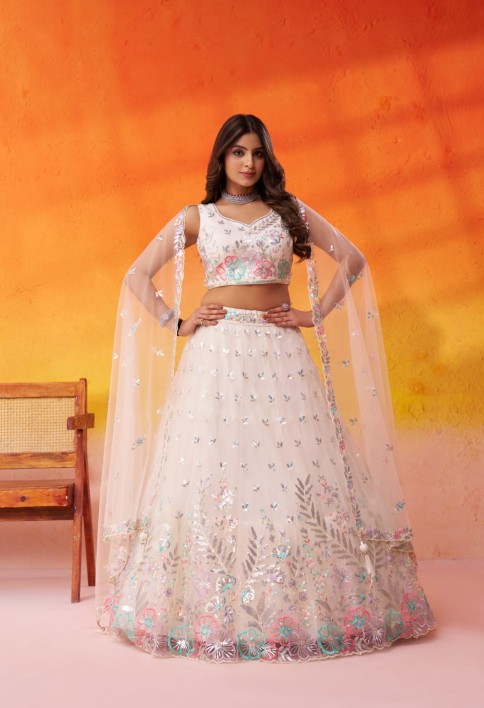 CREAM - Net Fabric Sequins Thread & Embroidery Semi-Stitched Lehenga & Unstitched Blouse With Dupatta