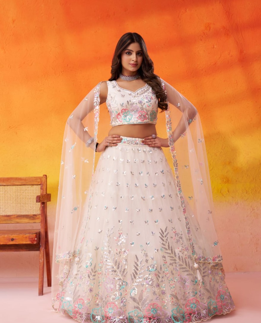 CREAM - CREAM - Net Fabric Sequins Thread & Embroidery Semi-Stitched Lehenga & Unstitched Blouse With Dupatta