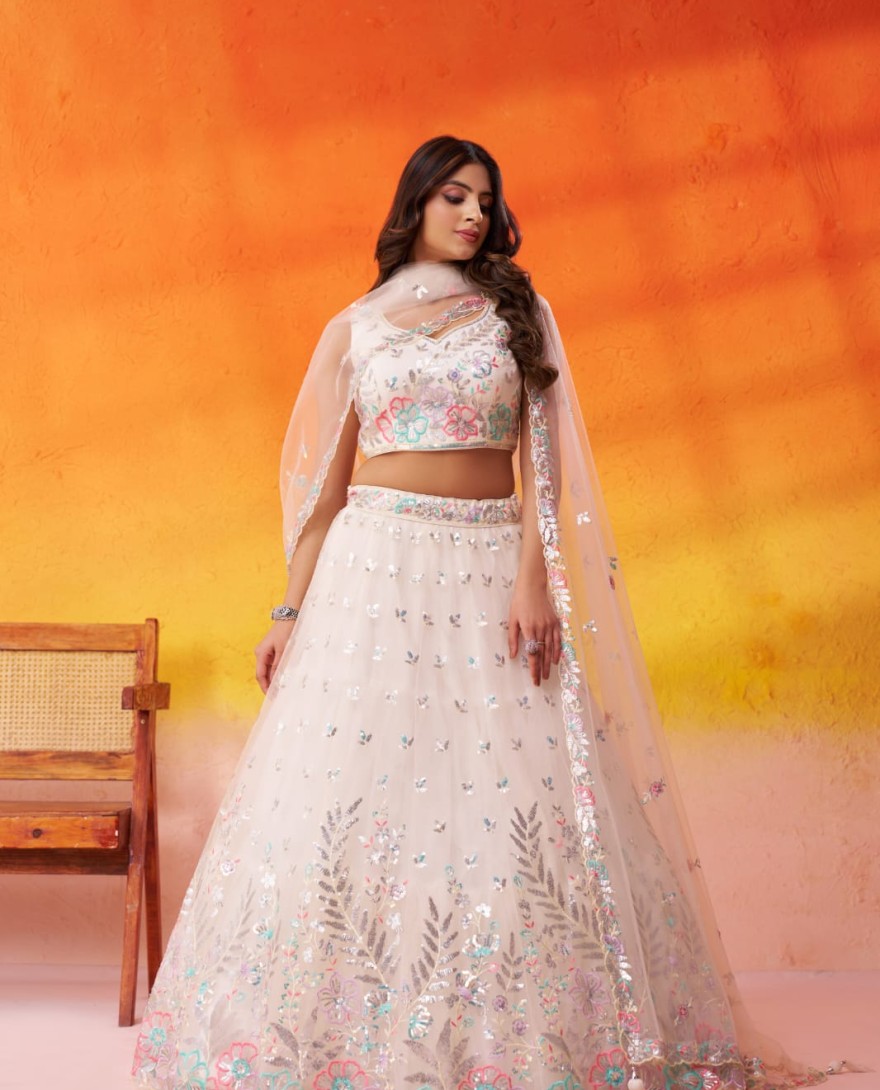 CREAM - CREAM - Net Fabric Sequins Thread & Embroidery Semi-Stitched Lehenga & Unstitched Blouse With Dupatta