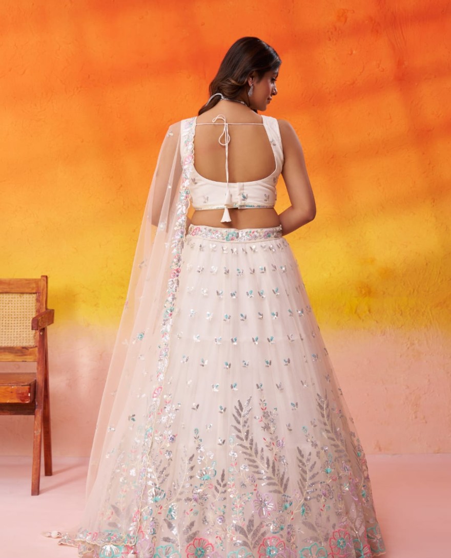 CREAM - CREAM - Net Fabric Sequins Thread & Embroidery Semi-Stitched Lehenga & Unstitched Blouse With Dupatta