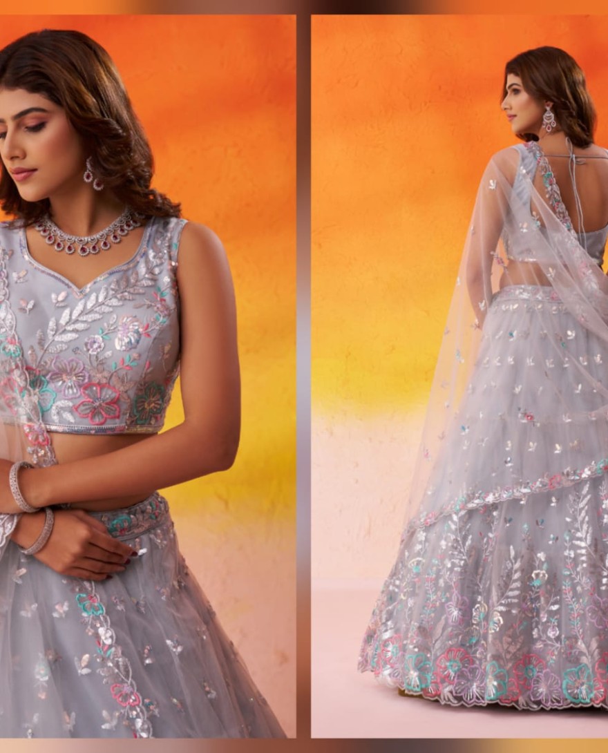 GREY - GREY - Net Fabric Sequins Thread & Embroidery Semi-Stitched Lehenga & Unstitched Blouse With Dupatta