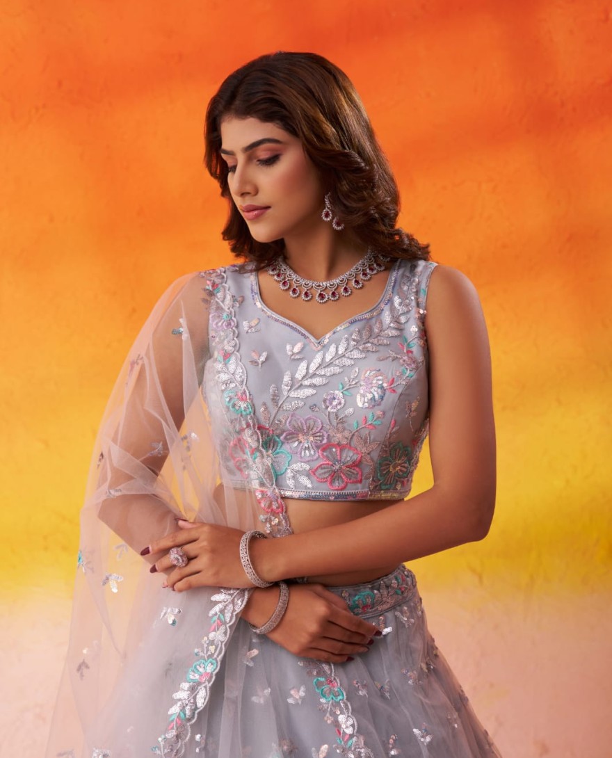 GREY - GREY - Net Fabric Sequins Thread & Embroidery Semi-Stitched Lehenga & Unstitched Blouse With Dupatta