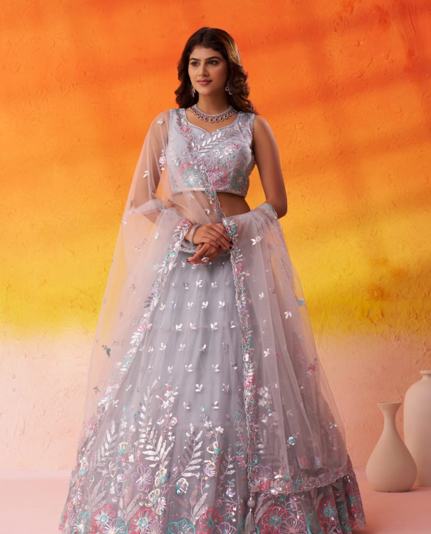 GREY - GREY - Net Fabric Sequins Thread & Embroidery Semi-Stitched Lehenga & Unstitched Blouse With Dupatta