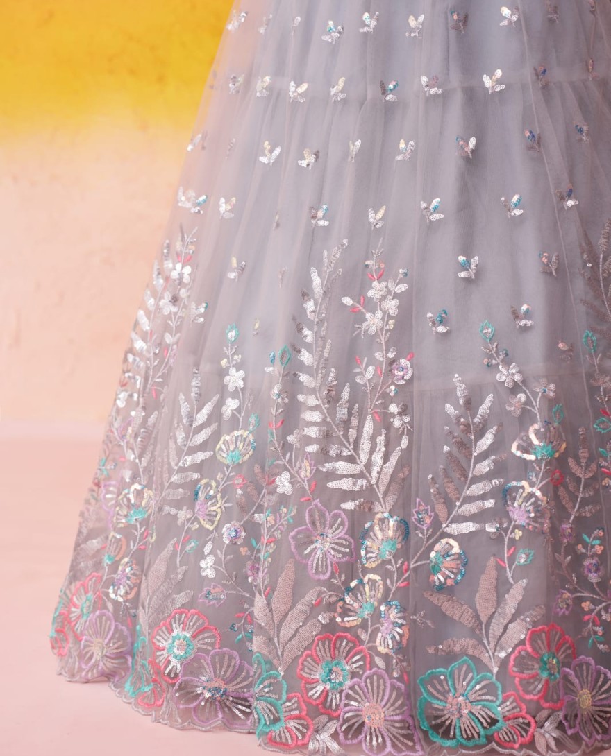 GREY - GREY - Net Fabric Sequins Thread & Embroidery Semi-Stitched Lehenga & Unstitched Blouse With Dupatta