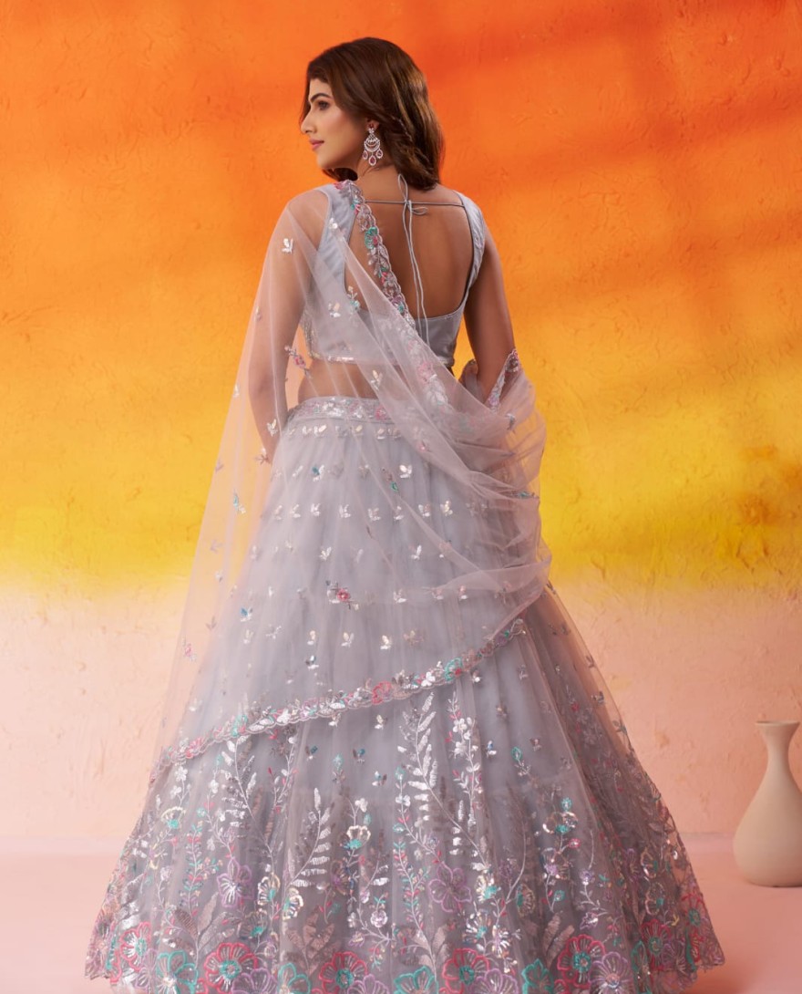 GREY - GREY - Net Fabric Sequins Thread & Embroidery Semi-Stitched Lehenga & Unstitched Blouse With Dupatta