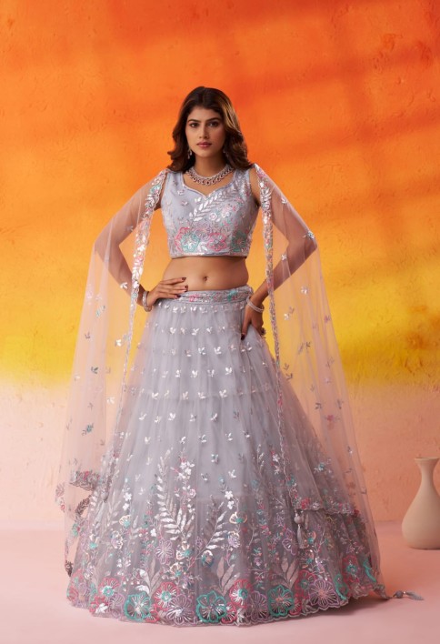 GREY - Net Fabric Sequins Thread & Embroidery Semi-Stitched Lehenga & Unstitched Blouse With Dupatta