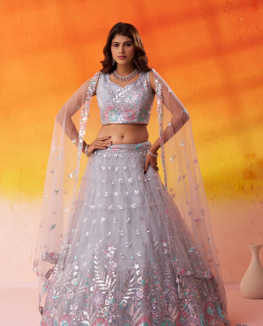 GREY - GREY - Net Fabric Sequins Thread & Embroidery Semi-Stitched Lehenga & Unstitched Blouse With Dupatta