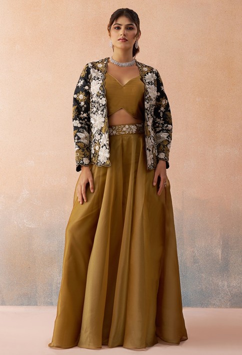 Golden Mustard & Black Tissue Floral Embroidered Crop Top with Jacket & Palazzo Set