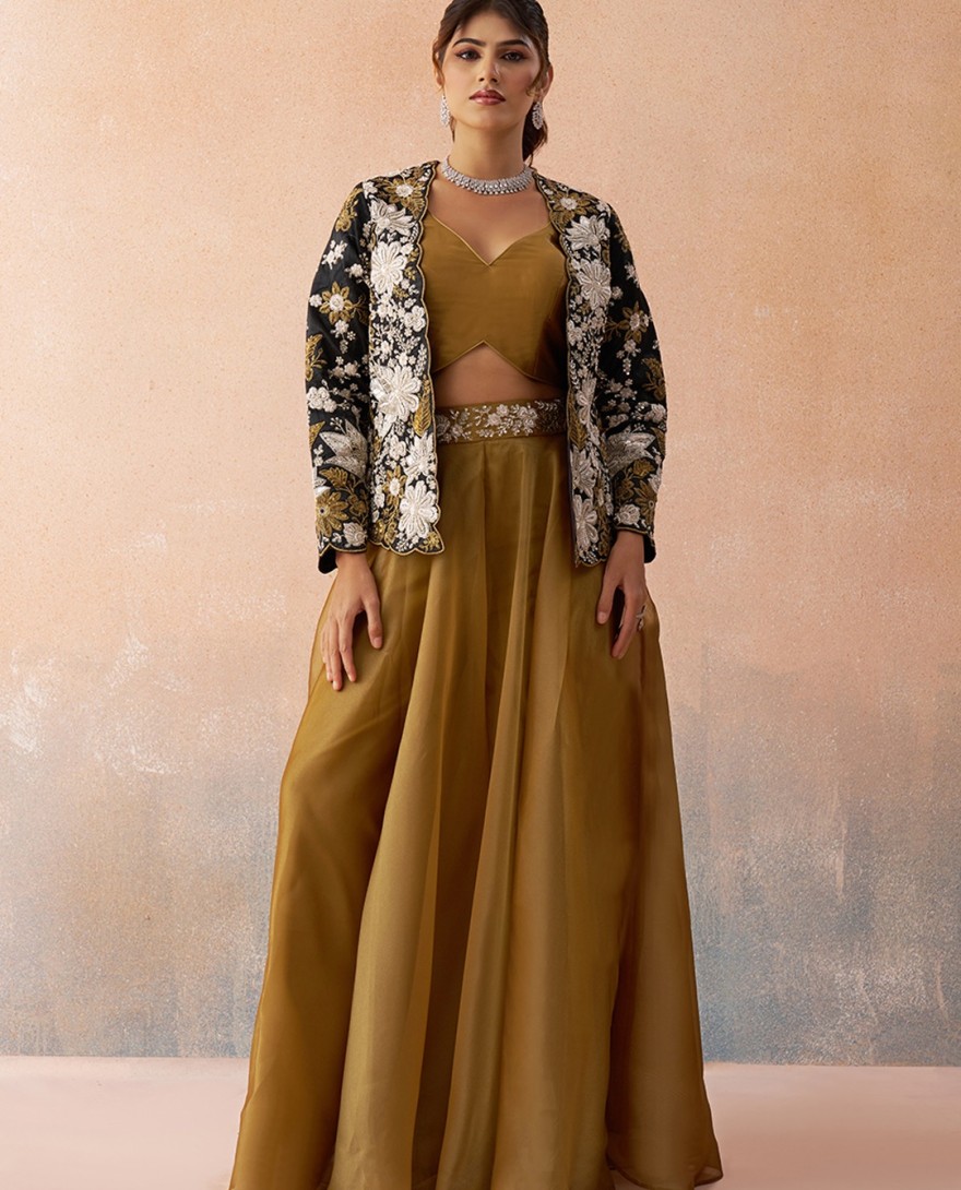 MUSTARD - Golden Mustard & Black Tissue Floral Embroidered Crop Top with Jacket & Palazzo Set
