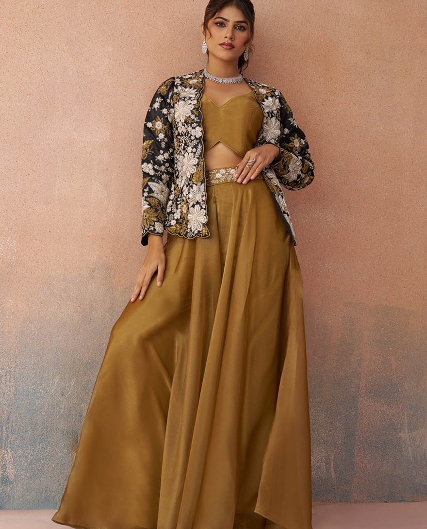 MUSTARD - Golden Mustard & Black Tissue Floral Embroidered Crop Top with Jacket & Palazzo Set