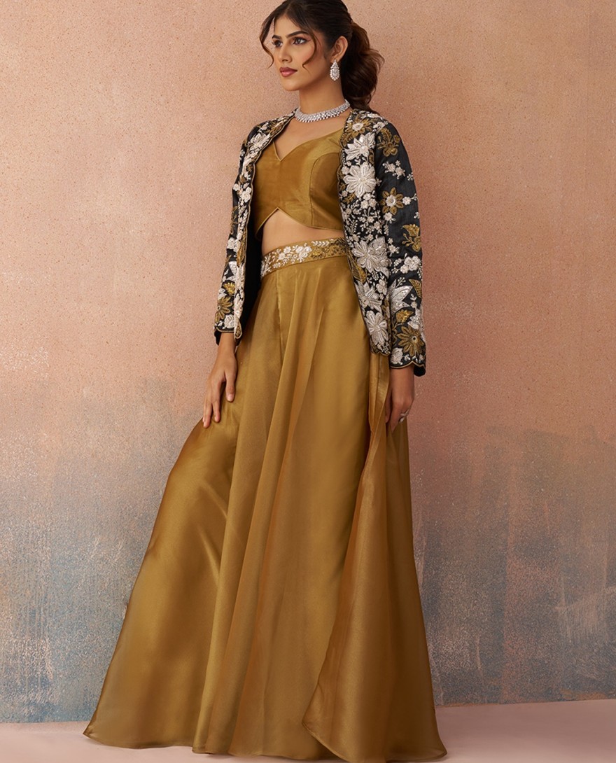 MUSTARD - Golden Mustard & Black Tissue Floral Embroidered Crop Top with Jacket & Palazzo Set