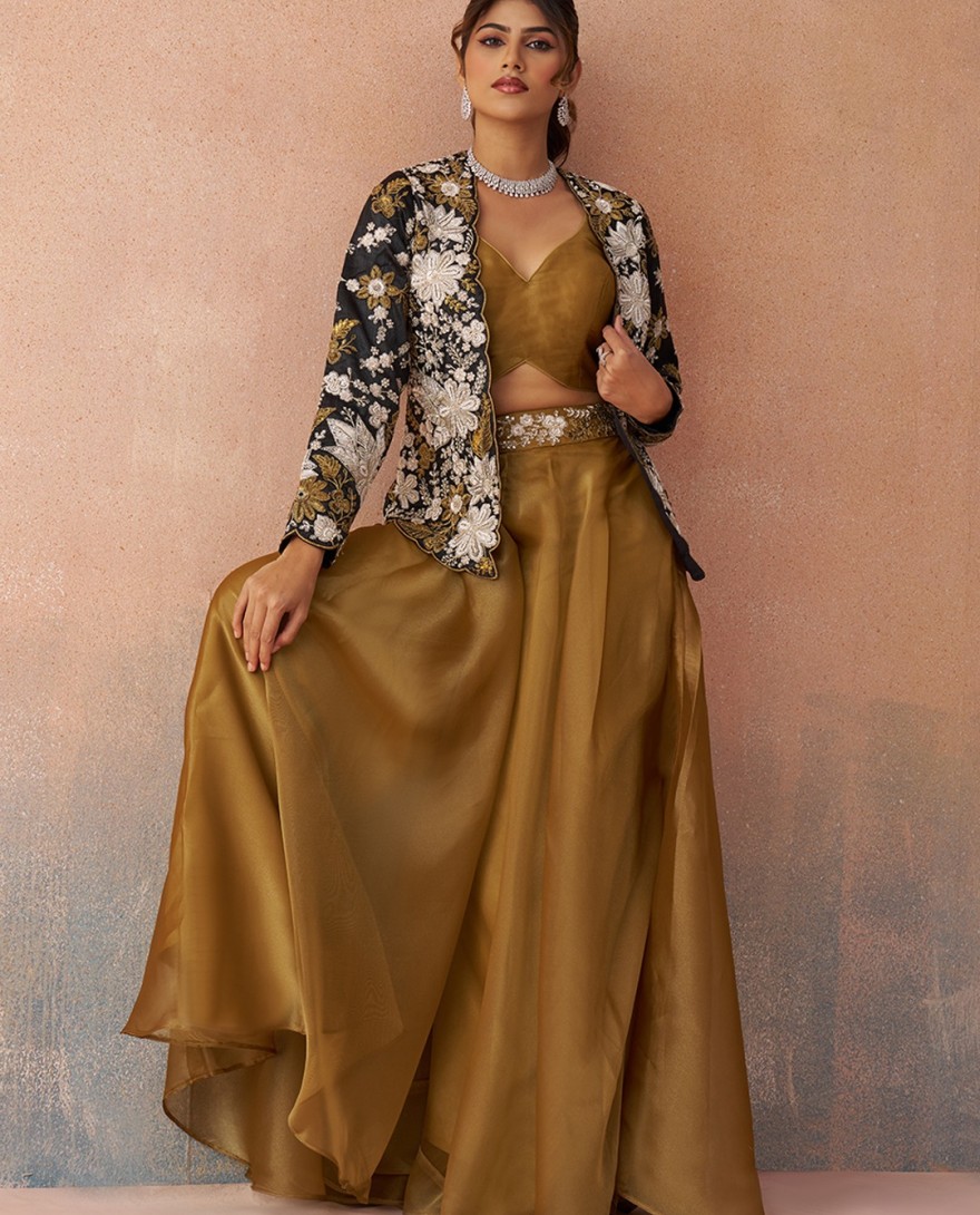 MUSTARD - Golden Mustard & Black Tissue Floral Embroidered Crop Top with Jacket & Palazzo Set