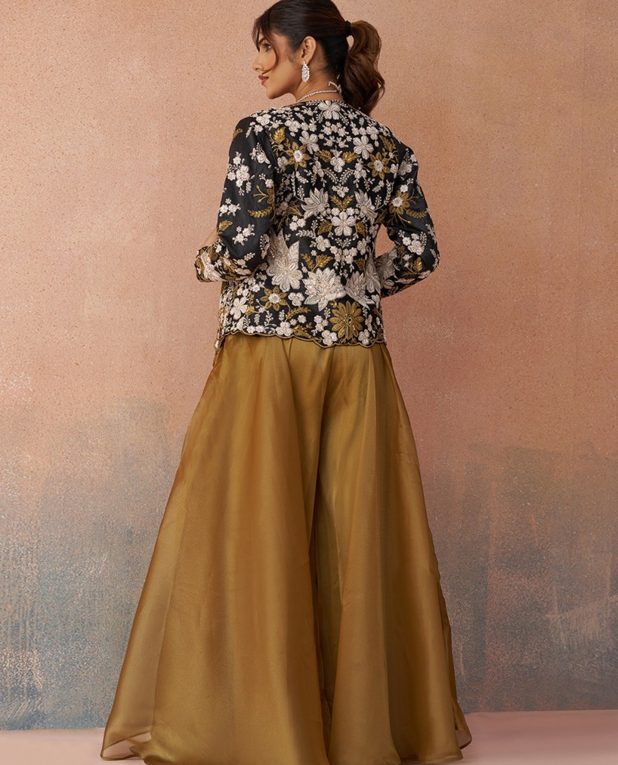 MUSTARD - Golden Mustard & Black Tissue Floral Embroidered Crop Top with Jacket & Palazzo Set