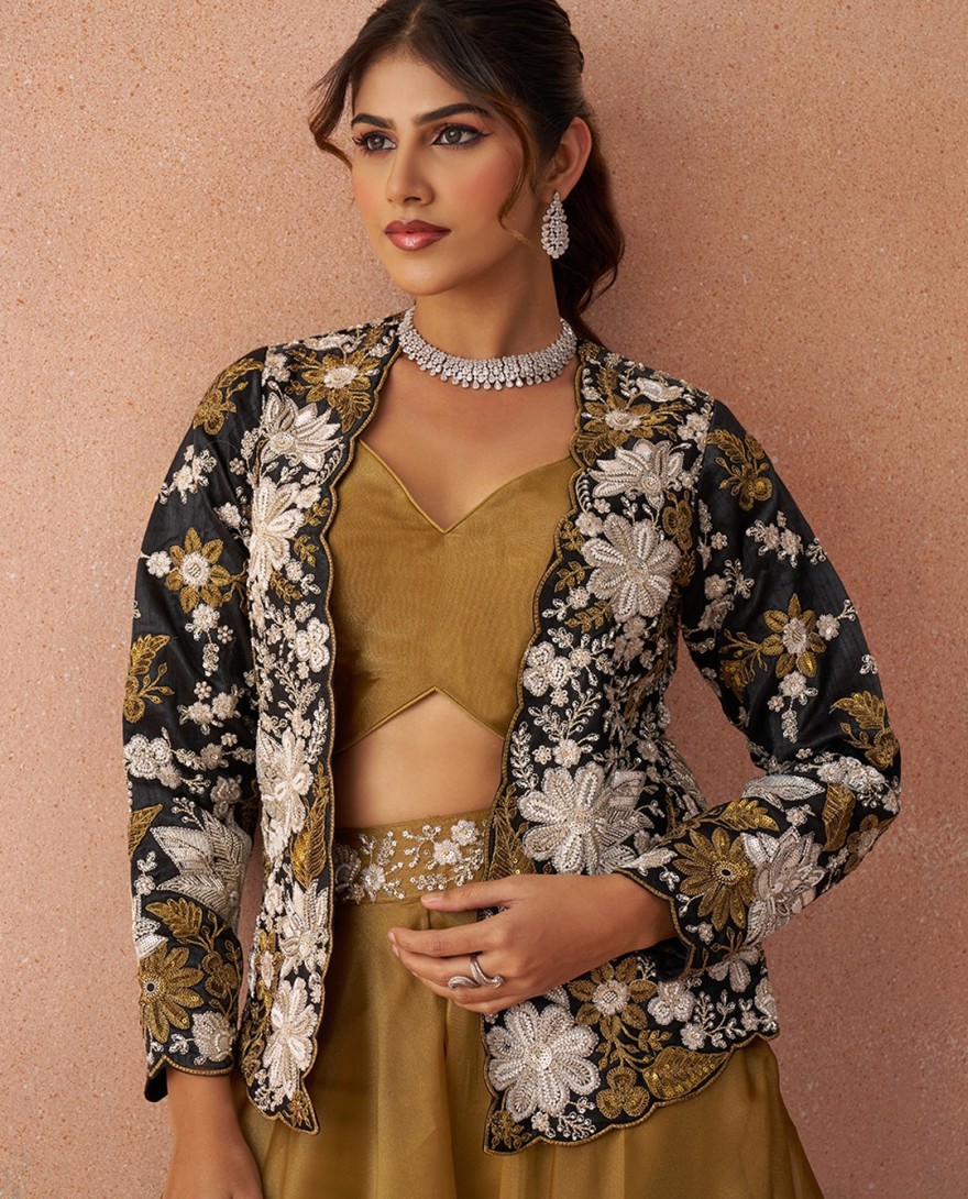 MUSTARD - Golden Mustard & Black Tissue Floral Embroidered Crop Top with Jacket & Palazzo Set