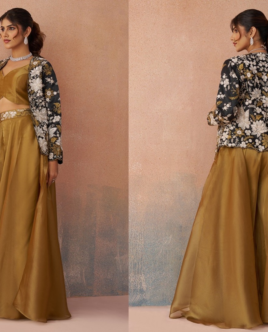 MUSTARD - Golden Mustard & Black Tissue Floral Embroidered Crop Top with Jacket & Palazzo Set