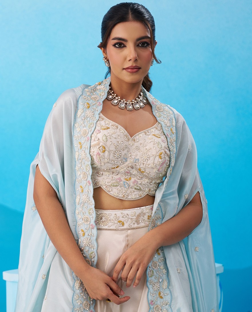 BLUE - Cream & Sky Viscoce Beads Embroidered Crop Top with Flared Cape & Palazzo Set