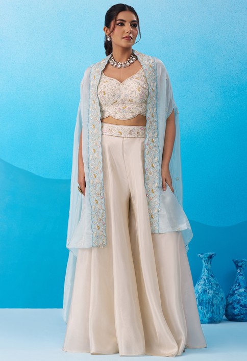 Cream & Sky Viscoce Beads Embroidered Crop Top with Flared Cape & Palazzo Set