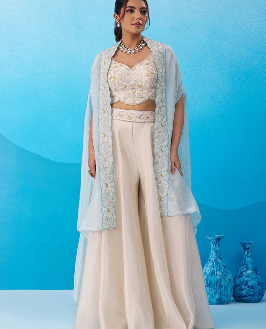 BLUE - Cream & Sky Viscoce Beads Embroidered Crop Top with Flared Cape & Palazzo Set