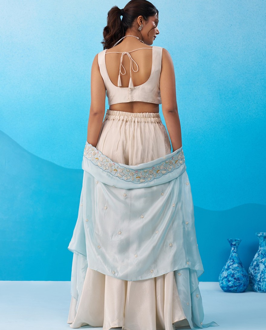 BLUE - Cream & Sky Viscoce Beads Embroidered Crop Top with Flared Cape & Palazzo Set