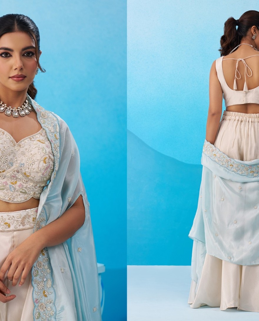 BLUE - Cream & Sky Viscoce Beads Embroidered Crop Top with Flared Cape & Palazzo Set
