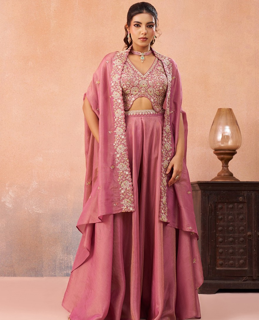 PINK - Pink Crepe Beads Embroidered Crop Top with Flared Cape & Flared Palazzo Set