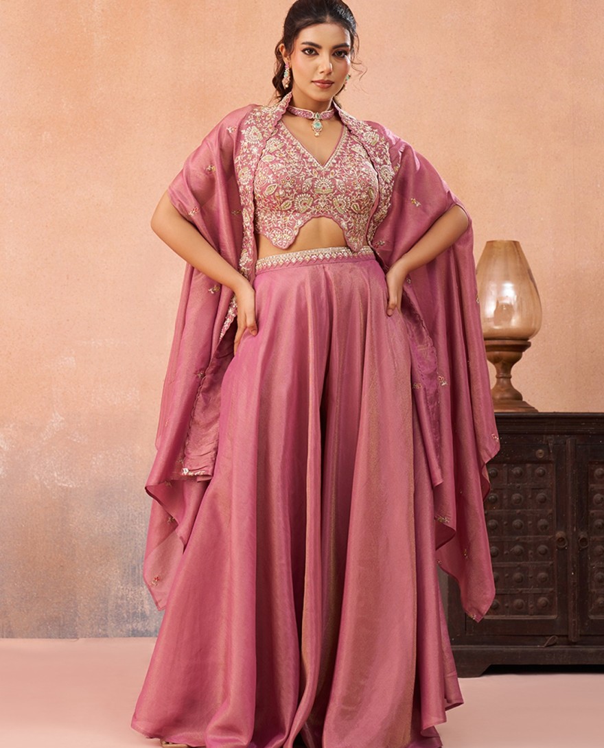 PINK - Pink Crepe Beads Embroidered Crop Top with Flared Cape & Flared Palazzo Set