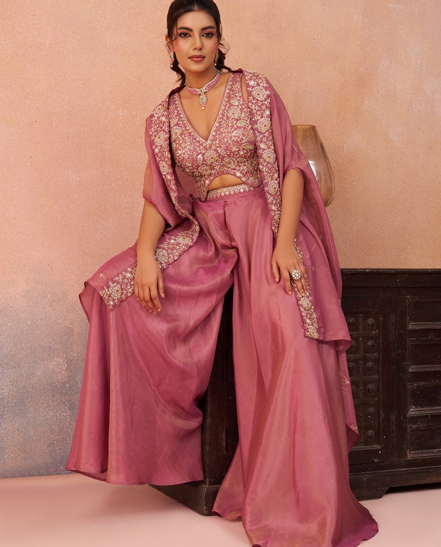 PINK - Pink Crepe Beads Embroidered Crop Top with Flared Cape & Flared Palazzo Set