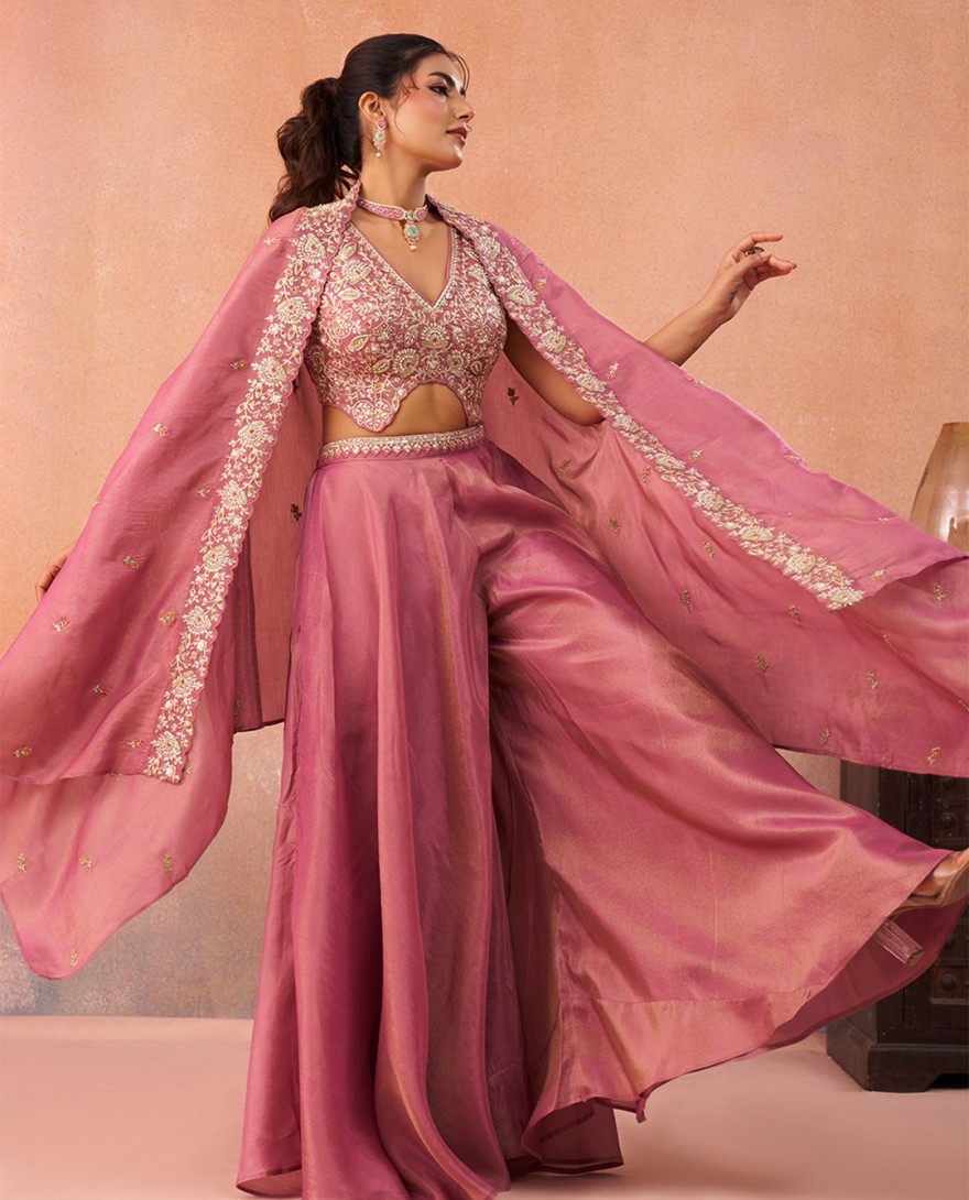 PINK - Pink Crepe Beads Embroidered Crop Top with Flared Cape & Flared Palazzo Set