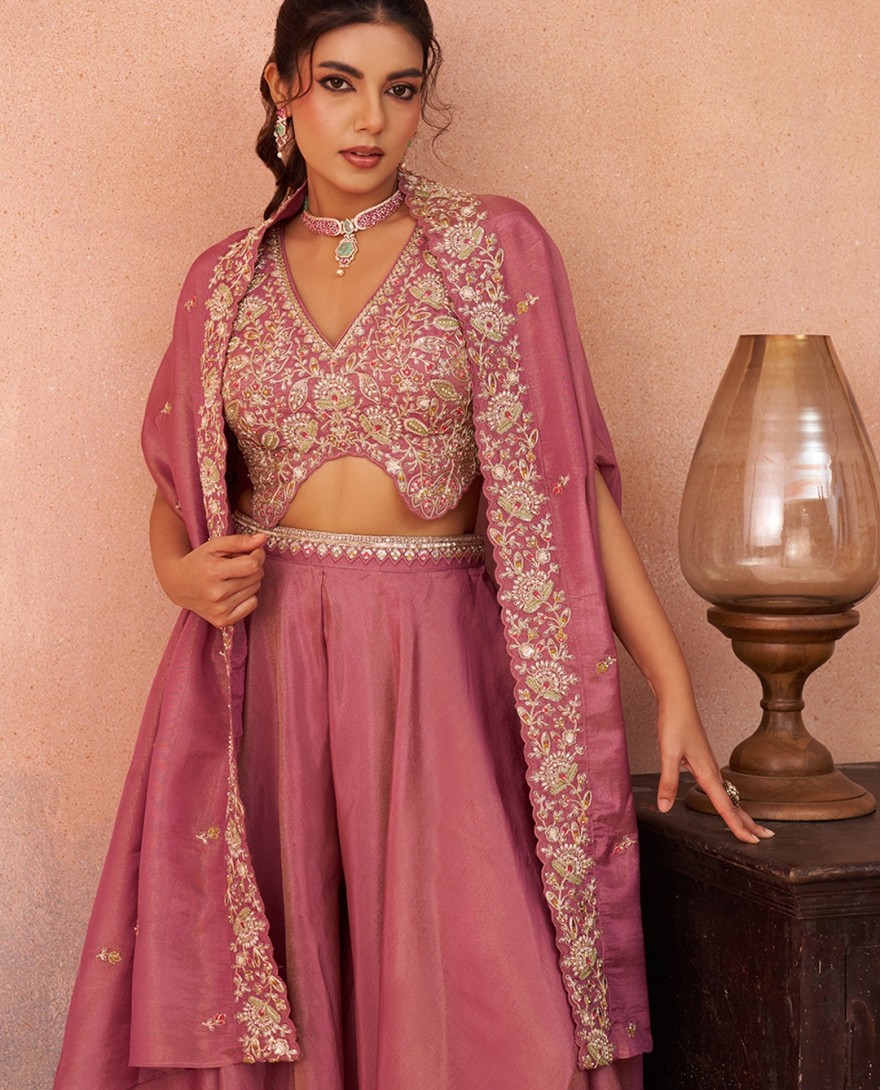 PINK - Pink Crepe Beads Embroidered Crop Top with Flared Cape & Flared Palazzo Set
