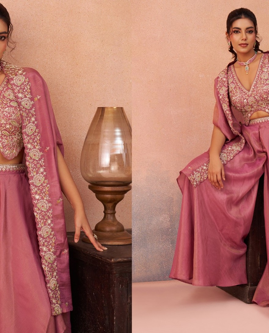 PINK - Pink Crepe Beads Embroidered Crop Top with Flared Cape & Flared Palazzo Set